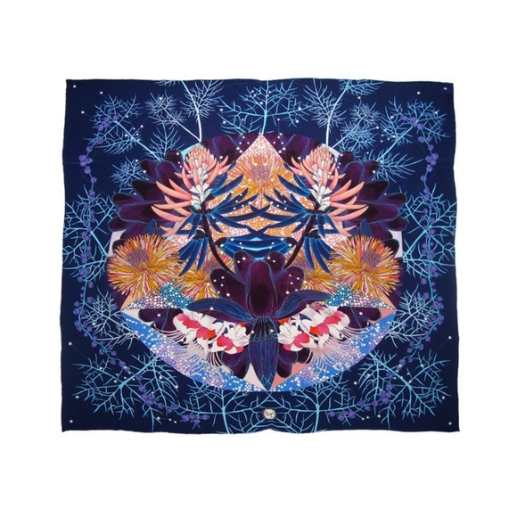 Accessories - Forget Me Not Twilight Flower Silk Crepe de Chine Scarf Navy Botanical Print 48”